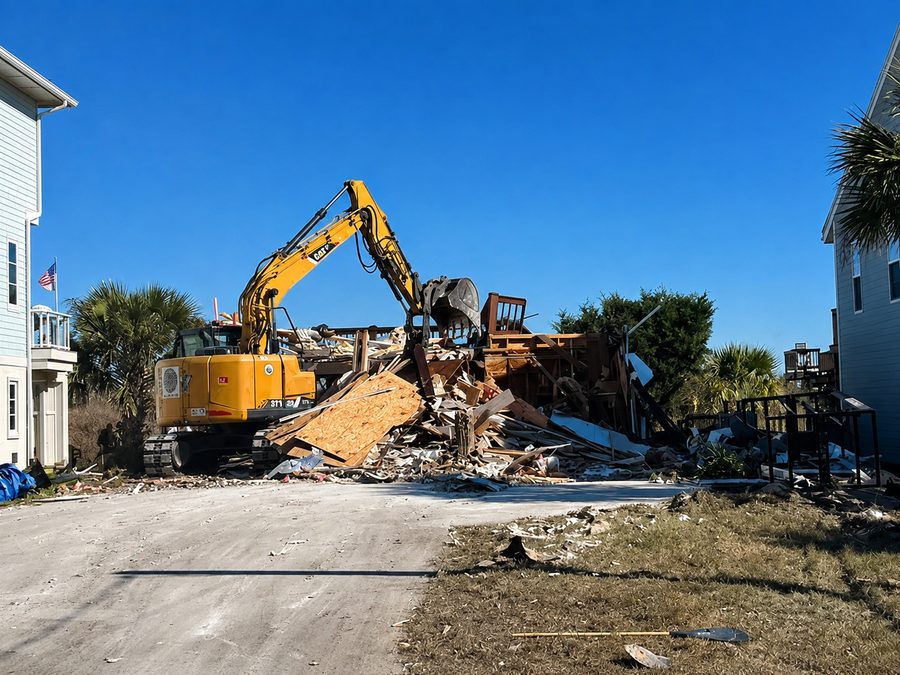 An excavator taking down a two-storey coastal house, debris stacked on the lot
