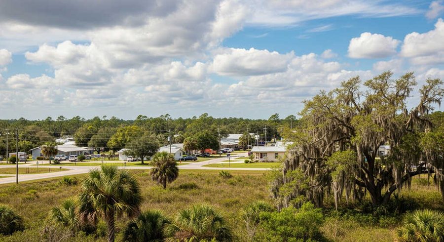Open Nassau County land with palms and pine under a wide sky