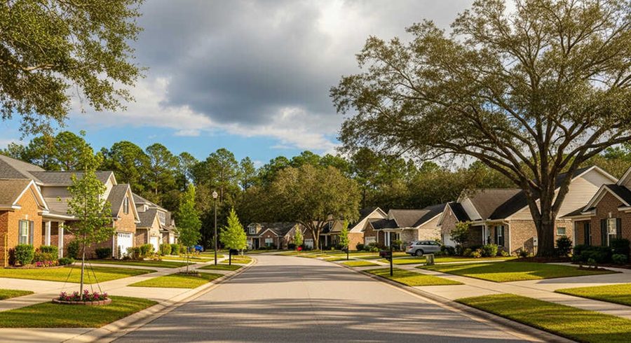 A quiet residential street of single storey homes under live oaks in Nassau County